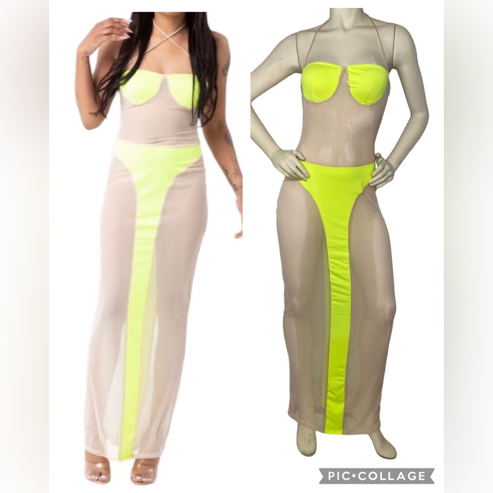 C.BRIDGETT Sexy Neon Yellow & Nude Sheer Mesh Color Block Halter Dress Cover Up
